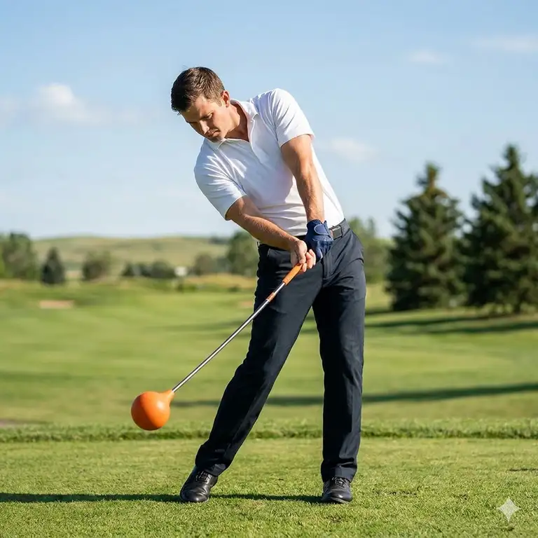 Featured Image: A professional golfer using a weighted golf swing trainer on a green course to improve tempo.