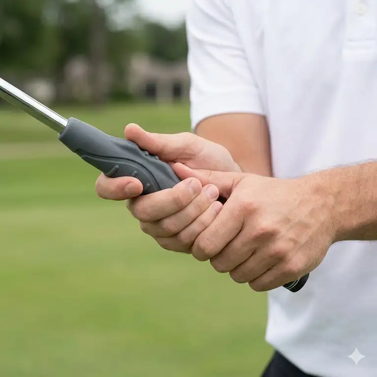 Featured Image: A professional golf grip trainer for beginners attached to a club showing molded guides for perfect hand alignment.