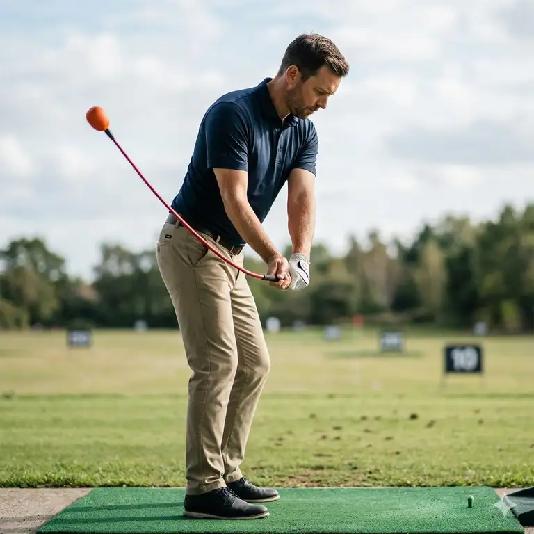 A professional golfer using a flexible golf swing tempo trainer on a driving range for better rhythm.