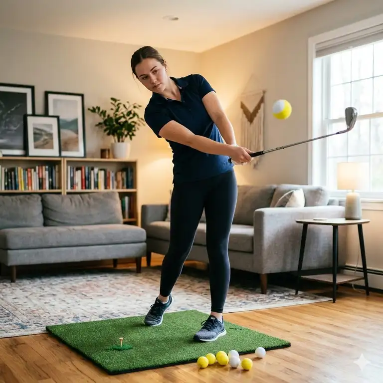 A golfer using indoor golf balls safe for home in a modern living room setup.