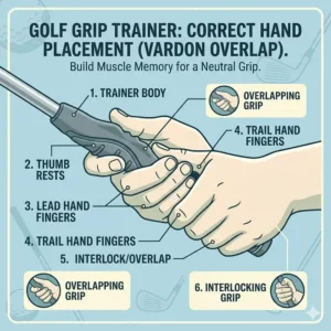Illustration 1: Detailed close-up of a golf grip trainer for beginners highlighting correct finger placement for the Vardon overlap grip.