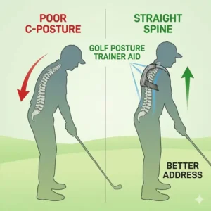 Illustration showing how a golf posture trainer helps keep the back straight and prevents slouching during the address.
