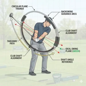 Diagram showing how a golf swing plane trainer aligns the club shaft during the takeaway and backswing.