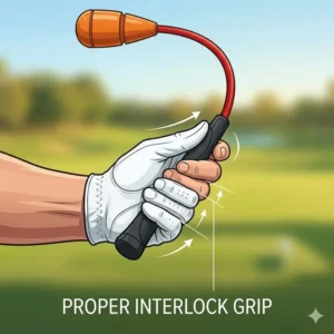Close-up illustration of the correct hand placement and grip on a golf swing tempo trainer.