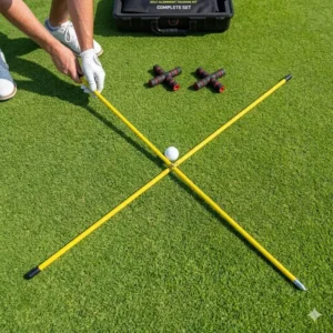 Two crossed rods from a golf alignment training kit showing ball placement and stance alignment.