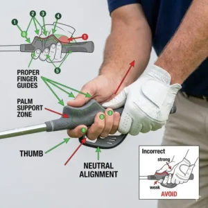 Close-up diagram showing the correct finger placement and alignment on a golf grip trainer aid.