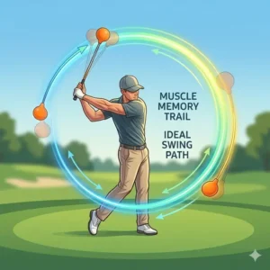Illustration 1: Diagram of the ideal swing path and muscle memory trail using a weighted golf swing trainer.