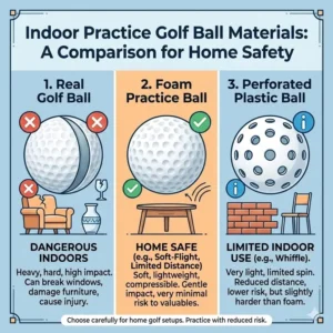 A comparison chart of different materials for indoor golf balls safe for home practice.