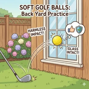 Illustration demonstrating how soft golf balls for backyard practice hit a window without causing damage.