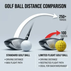 An informative distance comparison scale showing how limited flight golf balls travel shorter distances than standard balls.