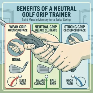 Illustration 2: Educational diagram showing how a golf grip trainer for beginners helps achieve a square clubface and neutral ball flight.