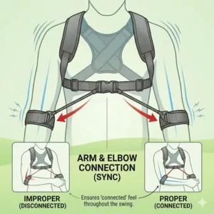 Close-up of a training aid securing the arms to ensure a connected and synchronized golf swing posture.