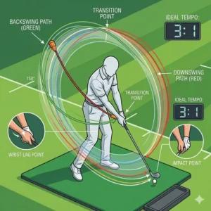 A detailed diagram showing the ideal arc and swing path when practicing with a golf swing tempo trainer.