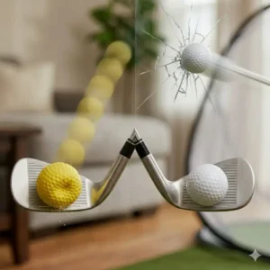 Safety comparison showing a window protected by using foam golf balls indoor practice