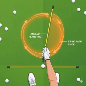 A golfer using a golf alignment training kit to visualize and practice the correct swing plane.