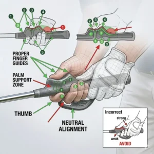 An illustration explaining how to build consistent muscle memory using a golf grip trainer aid during daily practice.