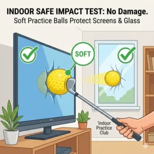 Demonstration of an impact test showing indoor golf balls safe for home use hitting a TV screen without damage.