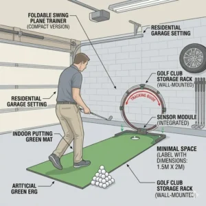 A compact golf swing plane trainer set up in a home garage for indoor practice sessions.