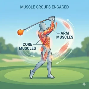 Illustration 2: Anatomical illustration showing core and arm muscle groups engaged by a weighted golf swing trainer.