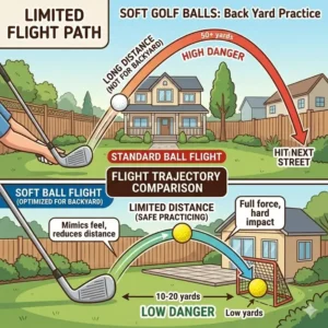 A comparison chart showing the limited flight path of soft golf balls for backyard practice versus real balls.