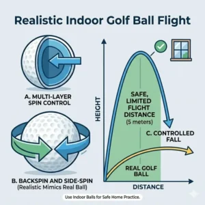 Infographic showing the realistic spin and flight path of indoor golf balls safe for home.