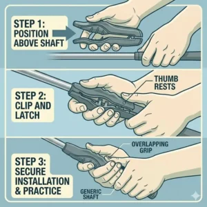 Illustration 3: Step-by-step guide on how to securely install a clip-on golf grip trainer for beginners onto a standard golf club shaft.