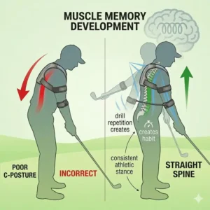 A golfer performing repeated drills with a posture trainer to build consistent muscle memory for an athletic stance.
