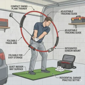 Close-up of a golfer's hands guided by a golf swing plane trainer to build muscle memory for a flatter swing.