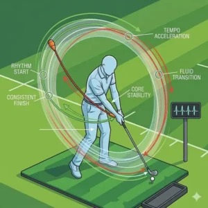 Illustration of a golfer performing consistent rhythm drills using a weighted golf swing tempo trainer.
