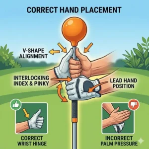 Illustration 3: Close-up educational guide on correct hand placement and grip for a weighted golf swing trainer.