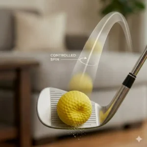 Close-up of a golf club hitting foam golf balls indoor practice to show impact.