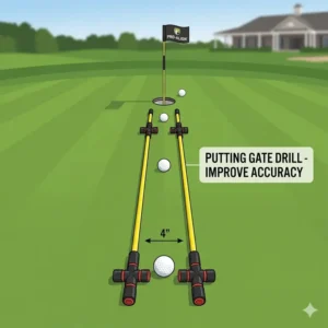 A putting track setup using a golf alignment training kit to improve stroke accuracy and gate drills.