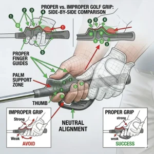 Side-by-side comparison of a proper grip versus an improper grip using a golf grip trainer aid.