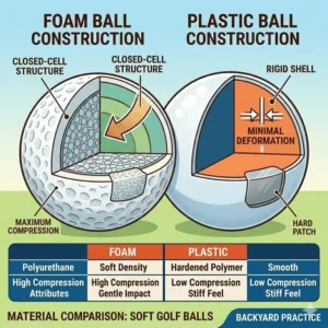 Technical diagram showing the foam and plastic construction of soft golf balls for backyard practice.