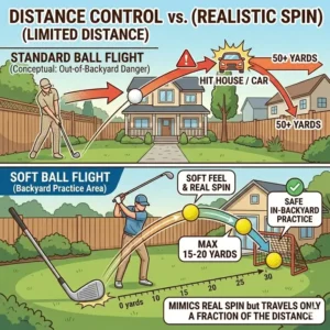 Visual guide explaining the distance control and realistic spin of soft golf balls for backyard practice.
