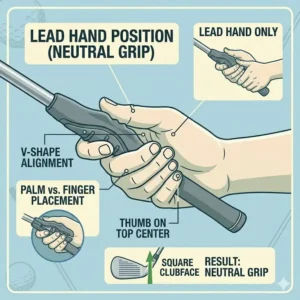 Illustration 4: Visual focus on the lead hand positioning using a golf grip trainer for beginners to ensure a proper neutral grip foundation.