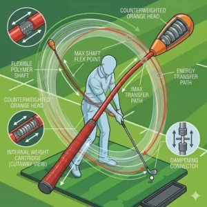 Technical view of the flexible shaft and internal mechanics of a modern golf swing tempo trainer.