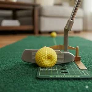 A golfer practicing putting drills with foam golf balls indoor practice on a home green.