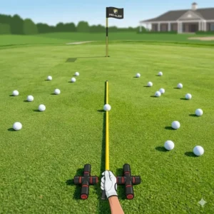 Visualizing the target line on the green using a professional golf alignment training kit.