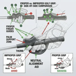 Detailed anatomical view of the ergonomic features and contours of a professional golf grip trainer aid.