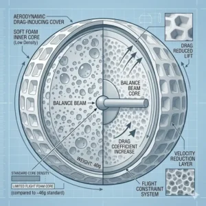 A cross-section diagram highlighting the foamed polymer core and lightweight construction of limited flight golf balls.
