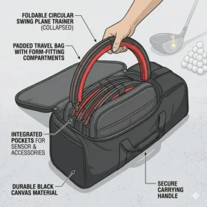 A lightweight and foldable golf swing plane trainer tucked into a golf bag for easy transport to the range.