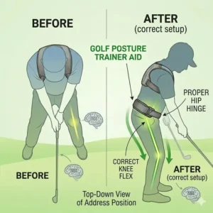 Top-down view of a golfer using a posture trainer to achieve the correct knee flex and hip hinge at address.