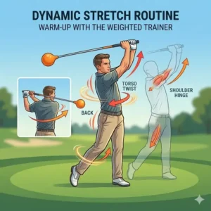 Illustration 4: Step-by-step dynamic stretching routine for golfers using a weighted golf swing trainer.