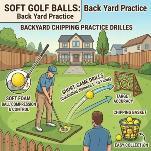 Illustration of a golfer performing chipping drills using soft golf balls for backyard practice in a small yard.
