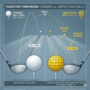 A flight path trajectory graphic comparing the peak height and landing spot of limited flight golf balls.