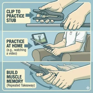 Illustration 5: Demonstrating portable muscle memory building with a golf grip trainer for beginners during an indoor home practice session.