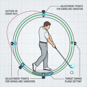 An illustration highlighting the correct downswing path when guided by an adjustable golf swing plane trainer.