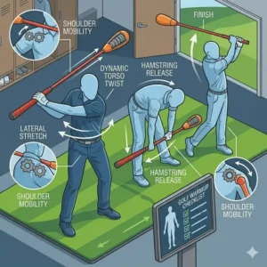 Illustration of dynamic warmup stretches and mobility exercises using a golf swing tempo trainer.