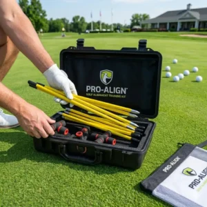 A portable carrying case for the golf alignment training kit being packed for easy transport.